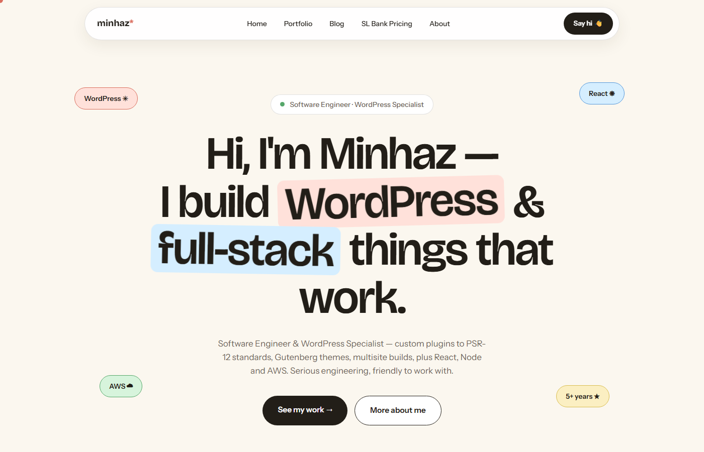 The finished Minhazi theme home page: playful paper-and-ink design with sticker badges and an oversized display headline
