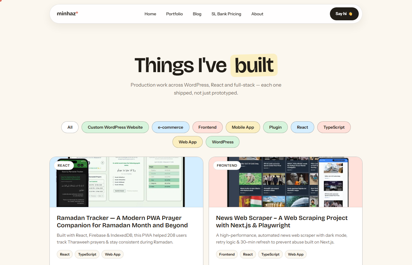 The portfolio grid page, populated with twelve real projects imported from the old site's Visual Portfolio data